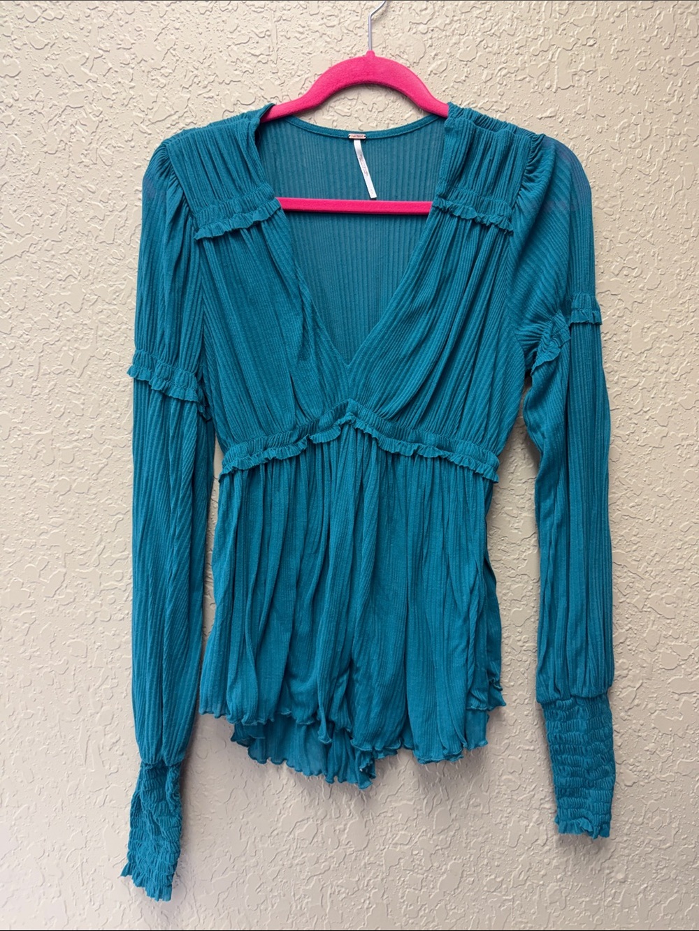 Free People Teal V-Neck Long Sleeve Blouse Small
